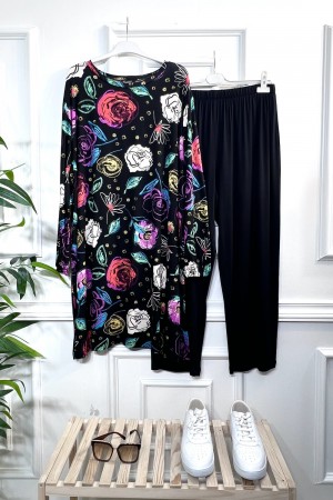 Alev Full Esnek Likralı Penye Viskon İkili Takım-Siyah Pembe Gül