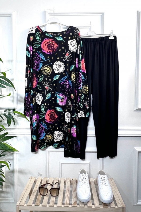 Alev Full Esnek Likralı Penye Viskon İkili Takım-Siyah Pembe Gül Alev Full Esnek Likralı Penye Viskon İkili Takım-Siyah Pembe Gül