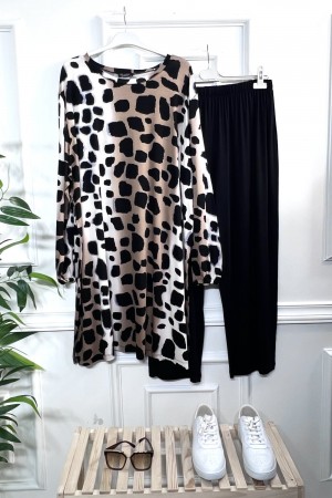 Alev Full Esnek Likralı Penye Viskon İkili Takım-Siyah Kahve Leopar