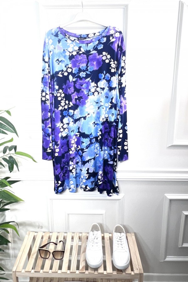 Kıvılcım Full Likralı Penye Viskon Tunik -Lacivert Mavi Çiçek