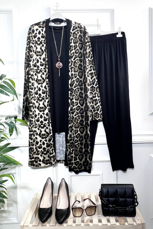 Kumru Pamuk Penye Viskon Üçlü Takım-Vizon Siyah Leopar