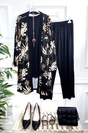 Kumru Pamuk Penye Viskon Üçlü Takım-Kahve Siyah Yaprak