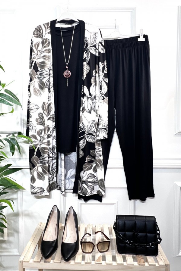 Kumru Pamuk Penye Viskon Üçlü Takım-Gri Siyah Yaprak