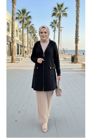 İlayda Kapüşonlu İki İplik Likralı Penye Kap-Siyah