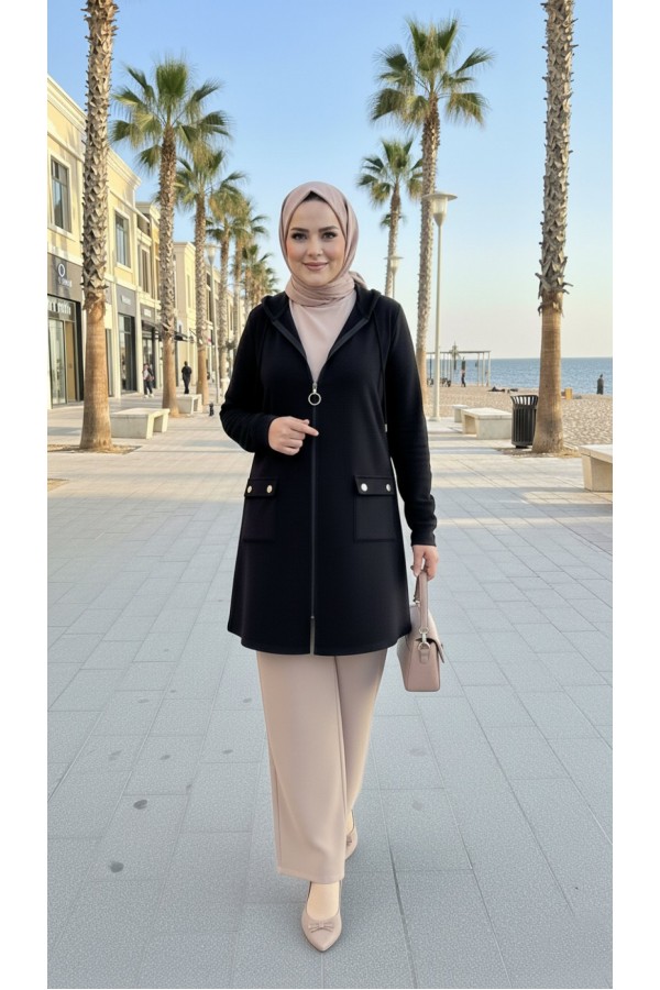 İlayda Kapüşonlu İki İplik Likralı Penye Kap-Siyah