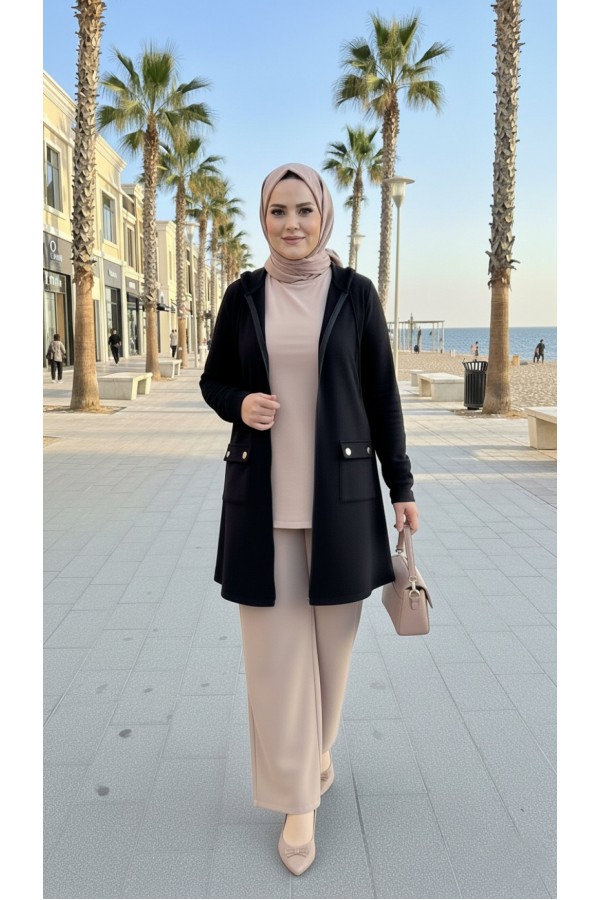 İlayda Kapüşonlu İki İplik Likralı Penye Kap-Siyah