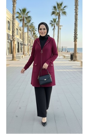 İlayda Kapüşonlu İki İplik Likralı Penye Kap-Bordo