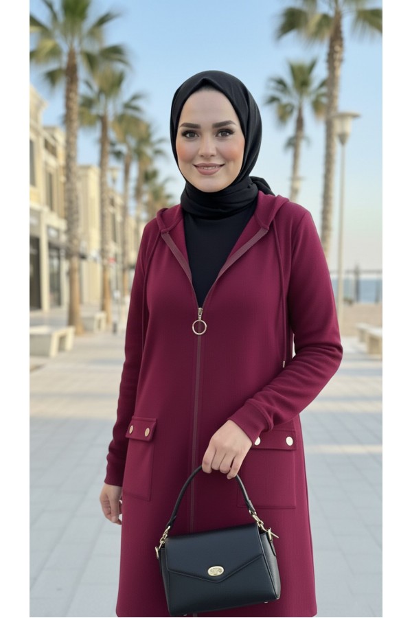 İlayda Kapüşonlu İki İplik Likralı Penye Kap-Bordo