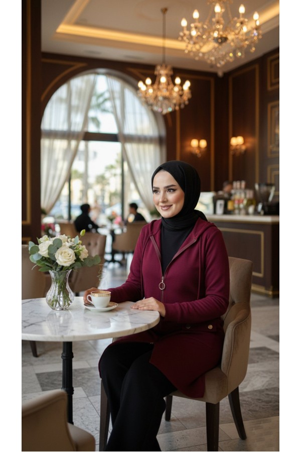 İlayda Kapüşonlu İki İplik Likralı Penye Kap-Bordo