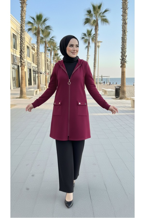 İlayda Kapüşonlu İki İplik Likralı Penye Kap-Bordo