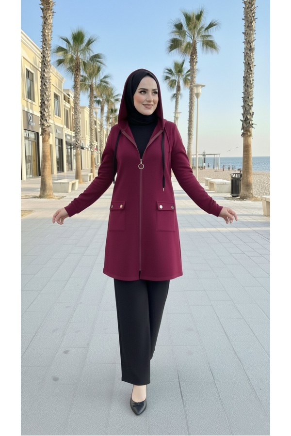 İlayda Kapüşonlu İki İplik Likralı Penye Kap-Bordo