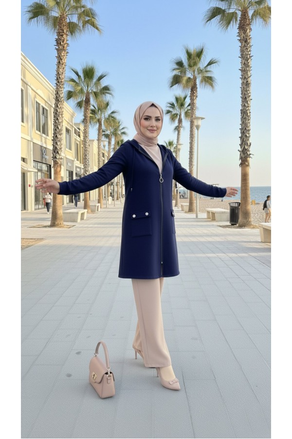 İlayda Kapüşonlu İki İplik Likralı Penye Kap-Lacivert