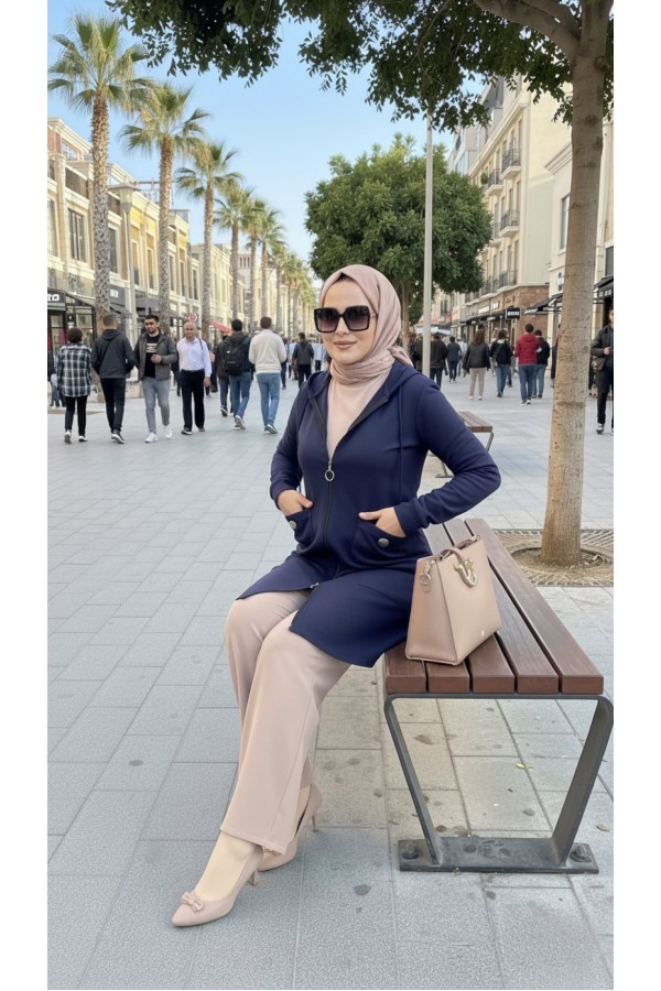 İlayda Kapüşonlu İki İplik Likralı Penye Kap-Lacivert