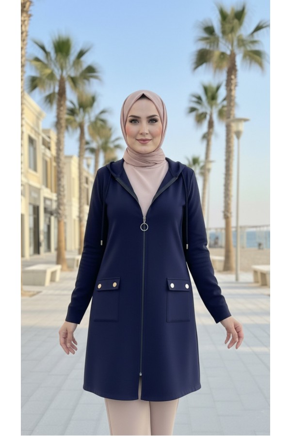 İlayda Kapüşonlu İki İplik Likralı Penye Kap-Lacivert