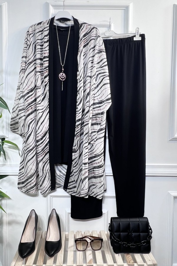 Alya Şifon Sandy Üçlü Takım-KOLYE HEDİYELİ-Siyah Zebra Alya Şifon Sandy Üçlü Takım-KOLYE HEDİYELİ-Siyah Zebra