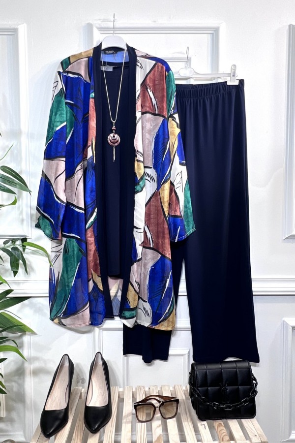 Alya Şifon Sandy Üçlü Takım-KOLYE HEDİYELİ-Lacivert Yaprak Alya Şifon Sandy Üçlü Takım-KOLYE HEDİYELİ-Lacivert Yaprak