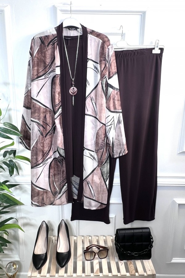 Alya Şifon Sandy Üçlü Takım-KOLYE HEDİYELİ-Kahve Yaprak