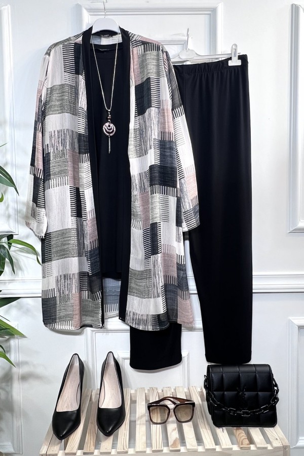 Alya Şifon Sandy Üçlü Takım-KOLYE HEDİYELİ-Siyah Sıvama Duvar