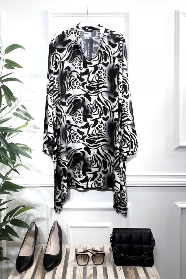 Ahenk Bağcıklı Pamuk Viskon Tunik -Siyah Gölgeli