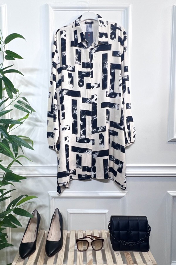 Mihrimah Gizli Düğmeli Pamuk Viskon Tunik Gömlek-Siyah Tetris