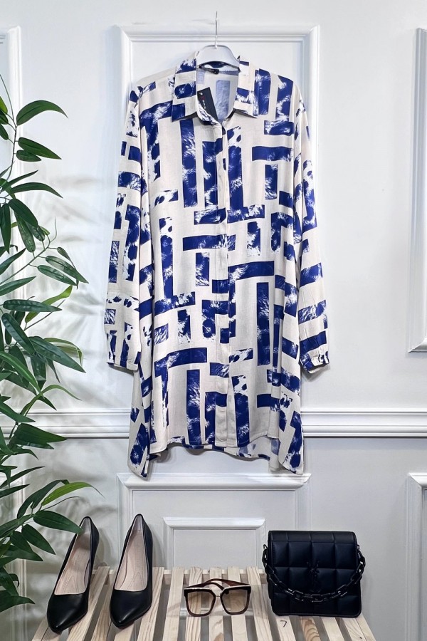 Mihrimah Gizli Düğmeli Pamuk Viskon Tunik Gömlek-Lacivert Tetris