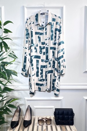 Mihrimah Gizli Düğmeli Pamuk Viskon Tunik Gömlek-Yeşil Tetris