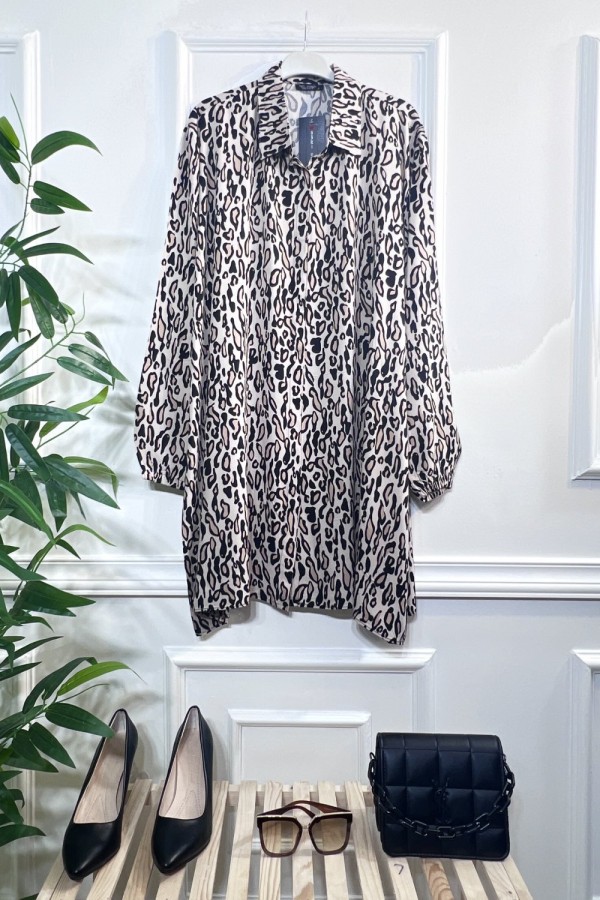 Mihrimah Gizli Düğmeli Pamuk Viskon Tunik Gömlek-Kahve Bej Leopar