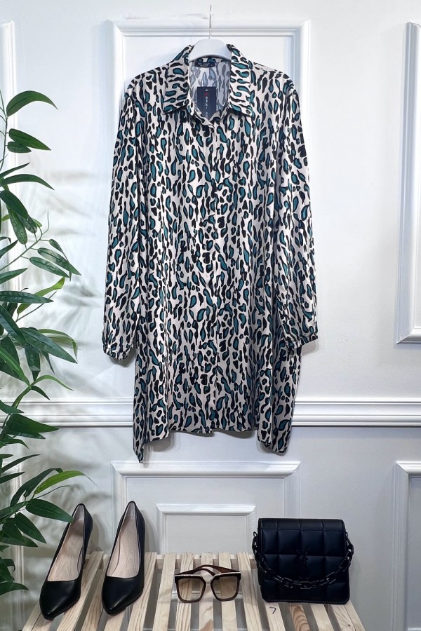 Mihrimah Gizli Düğmeli Pamuk Viskon Tunik Gömlek-Yeşil Bej Leopar