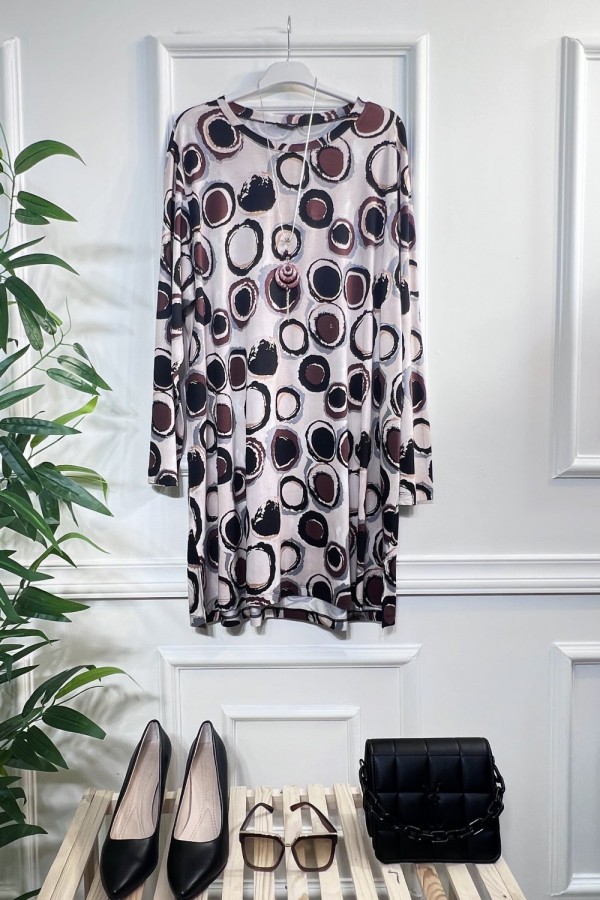 Kıvılcım Full Likralı Penye Viskon Tunik -Bej Kahve Halka