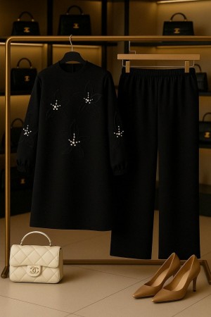 Çiçek İnci Detaylı Ayrobin Takım - Siyah 