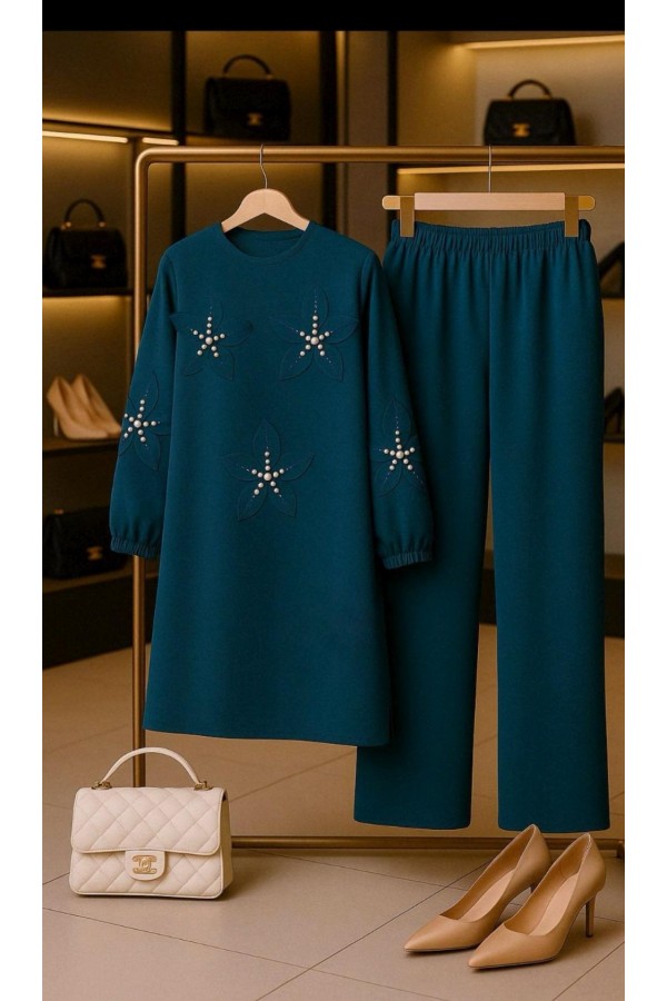 Çiçek İnci Detaylı Ayrobin Takım - Petrol