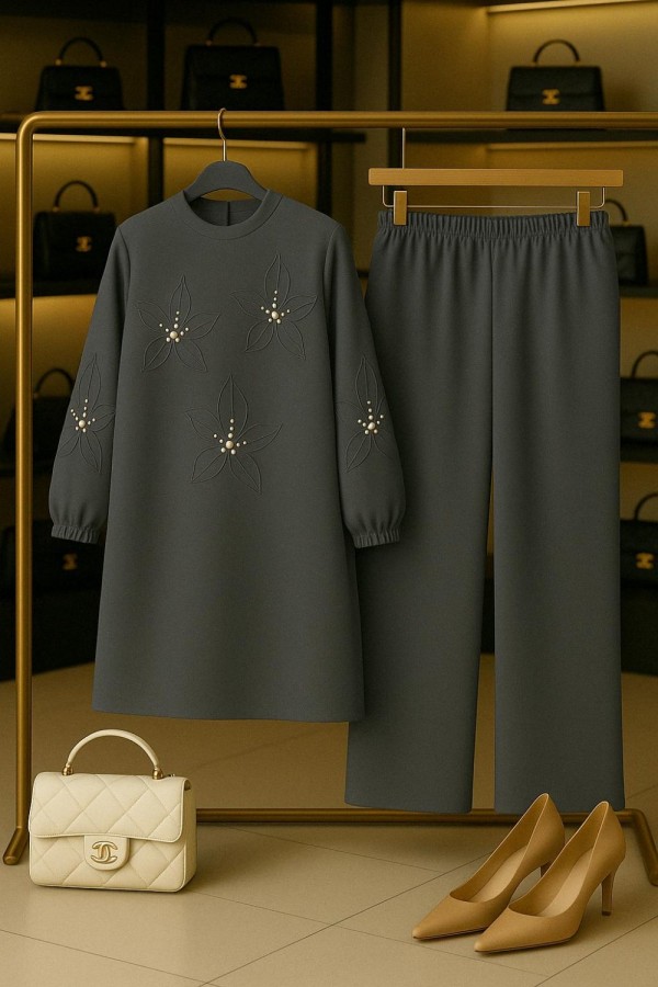 Çiçek İnci Detaylı Ayrobin Takım - Gri