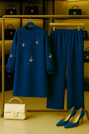 Çiçek İnci Detaylı Ayrobin Takım - İndigo