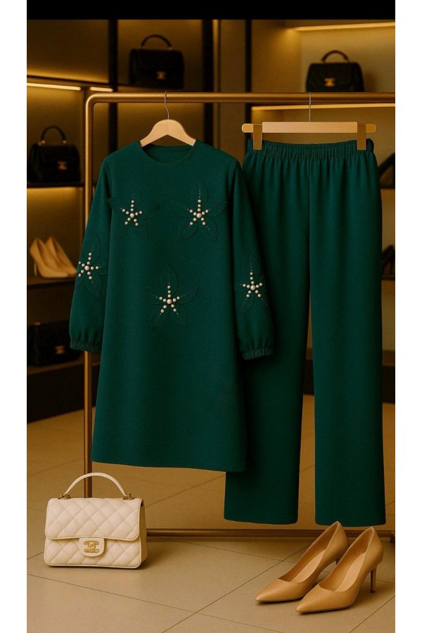 Çiçek İnci Detaylı Ayrobin Takım - Zümrüt Çiçek İnci Detaylı Ayrobin Takım - Zümrüt