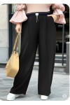 Fashion Zincirli Beli Lastikli Bol Paça Pantolon - Siyah 