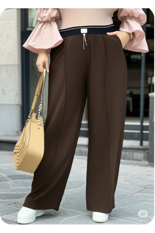 Fashion Zincirli Beli Lastikli Bol Paça Pantolon -Kahverengi Fashion Zincirli Beli Lastikli Bol Paça Pantolon -Kahverengi