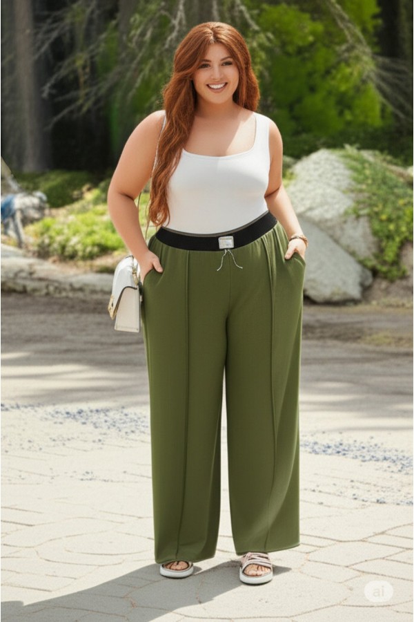 Fashion Zincirli Beli Lastikli Bol Paça Pantolon -Haki Fashion Zincirli Beli Lastikli Bol Paça Pantolon -Haki