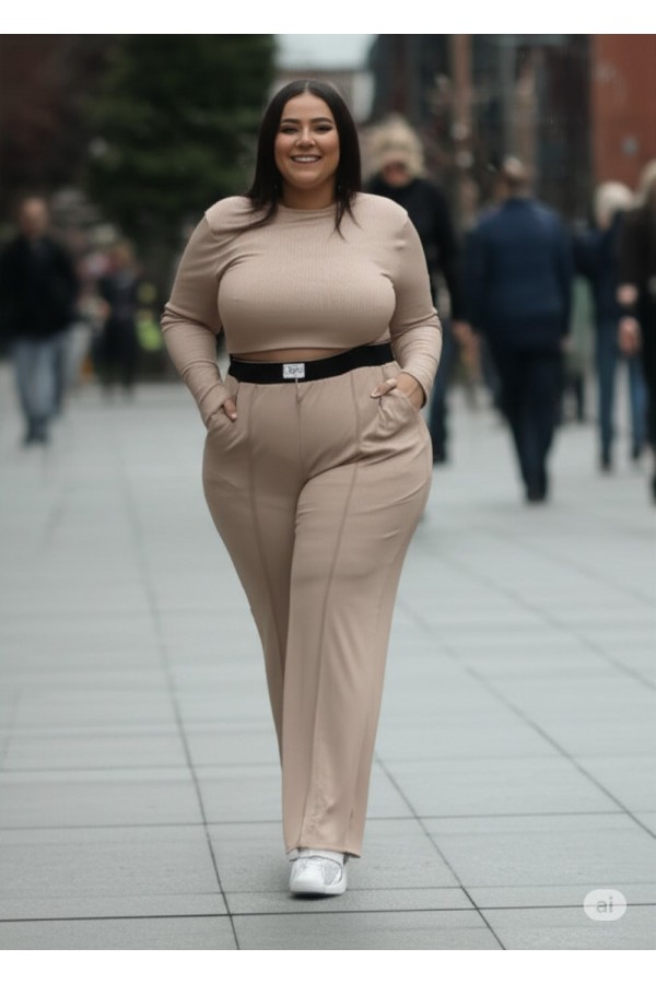 Fashion Zincirli Beli Lastikli Bol Paça Pantolon -Taş