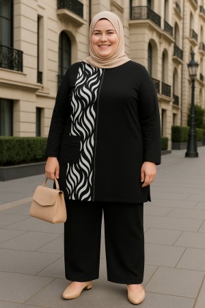 Şelale Cep Detaylı Kristal Penye Takım- Siyah 