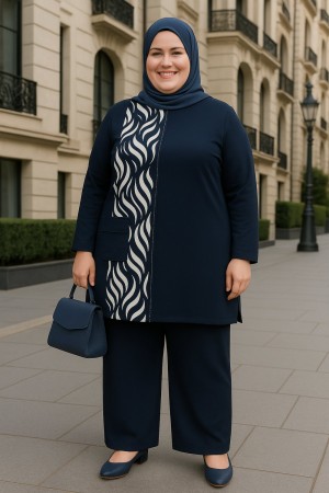 Şelale Cep Detaylı Kristal Penye Takım-Lacivert