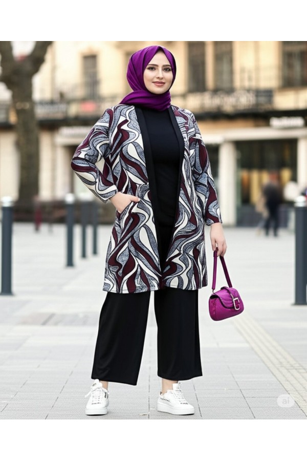 Kumru Pamuk Penye Viskon Üçlü Takım-Bordo Gri  Akarsu