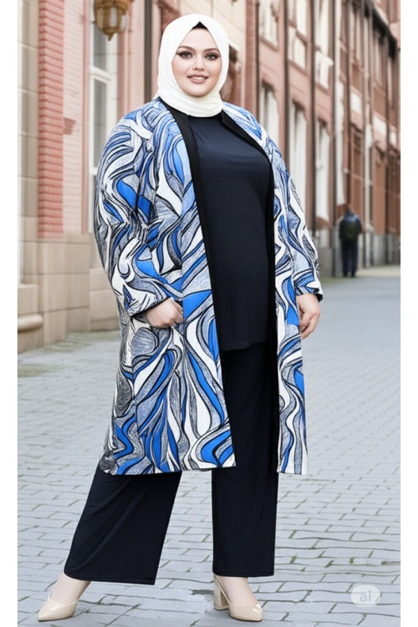 Kumru Pamuk Penye Viskon Üçlü Takım-Mavi Gri  Akarsu