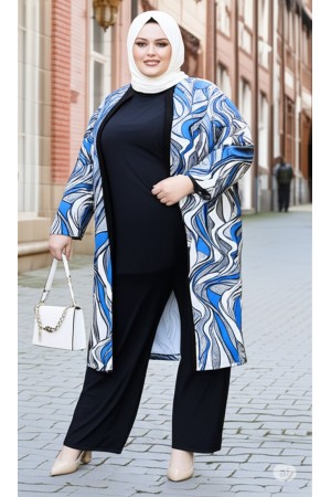 Kumru Pamuk Penye Viskon Üçlü Takım-Mavi Gri  Akarsu