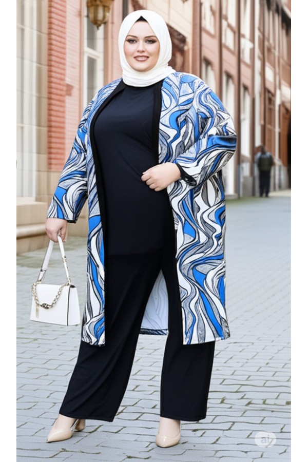 Kumru Pamuk Penye Viskon Üçlü Takım-Mavi Gri  Akarsu