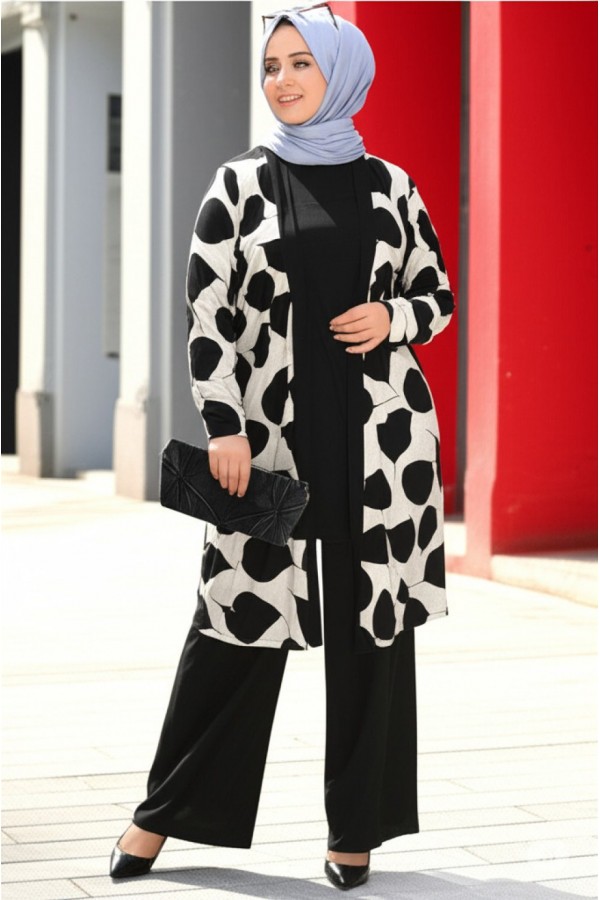 Kumru Pamuk Penye Viskon Üçlü Takım-Taş Siyah Balon