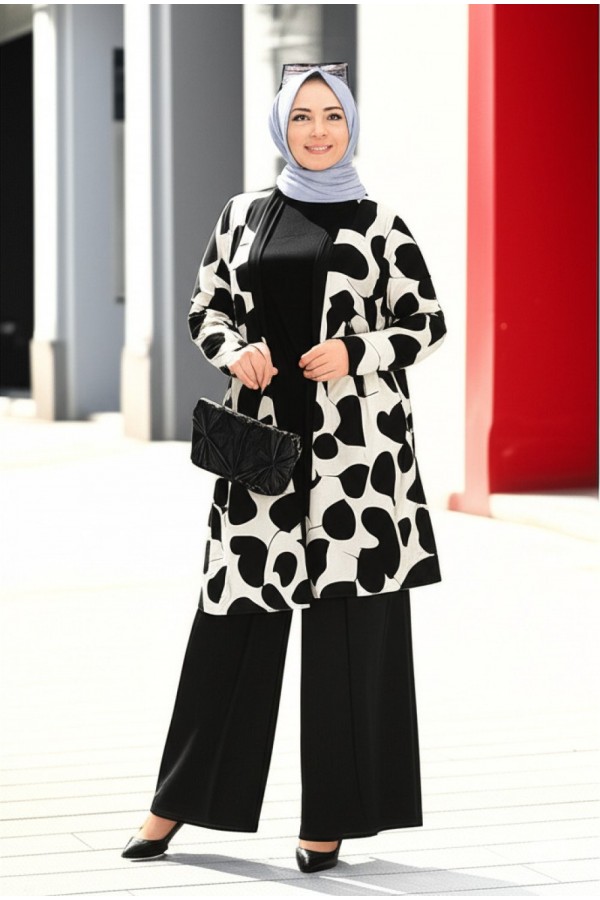 Kumru Pamuk Penye Viskon Üçlü Takım-Taş Siyah Balon