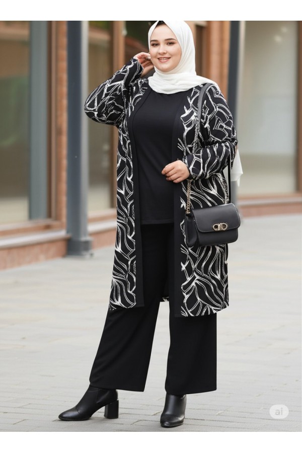 Kumru Pamuk Penye Viskon Üçlü Takım-Siyah Simli Dal