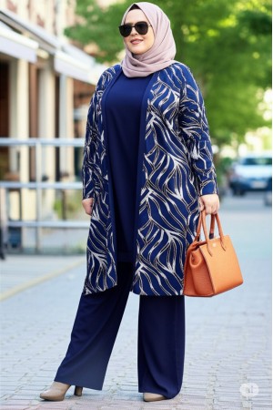 Kumru Pamuk Penye Viskon Üçlü Takım-Lacivert Simli Dal