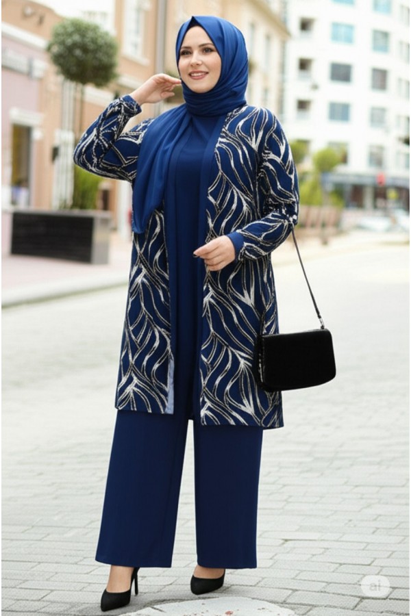 Kumru Pamuk Penye Viskon Üçlü Takım-Lacivert Simli Dal