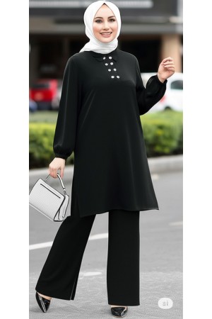 Duru Düğme Detaylı Yakalı Ayrobin Takım - Siyah 